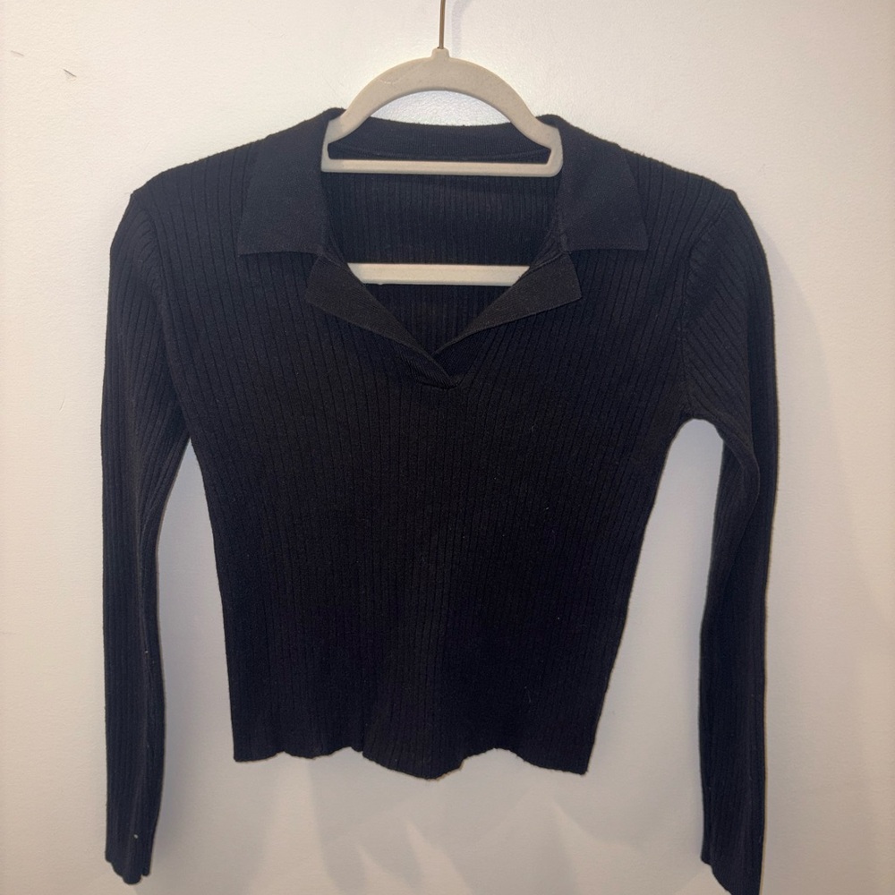 Black Ribbed Long Sleeve Tee with Collar Size Small
